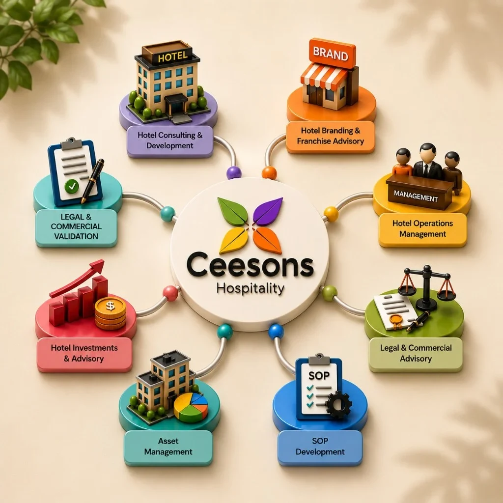 Ceesons Hospitality services ecosystem — consulting, branding, operations, technology, asset management, and investment advisory